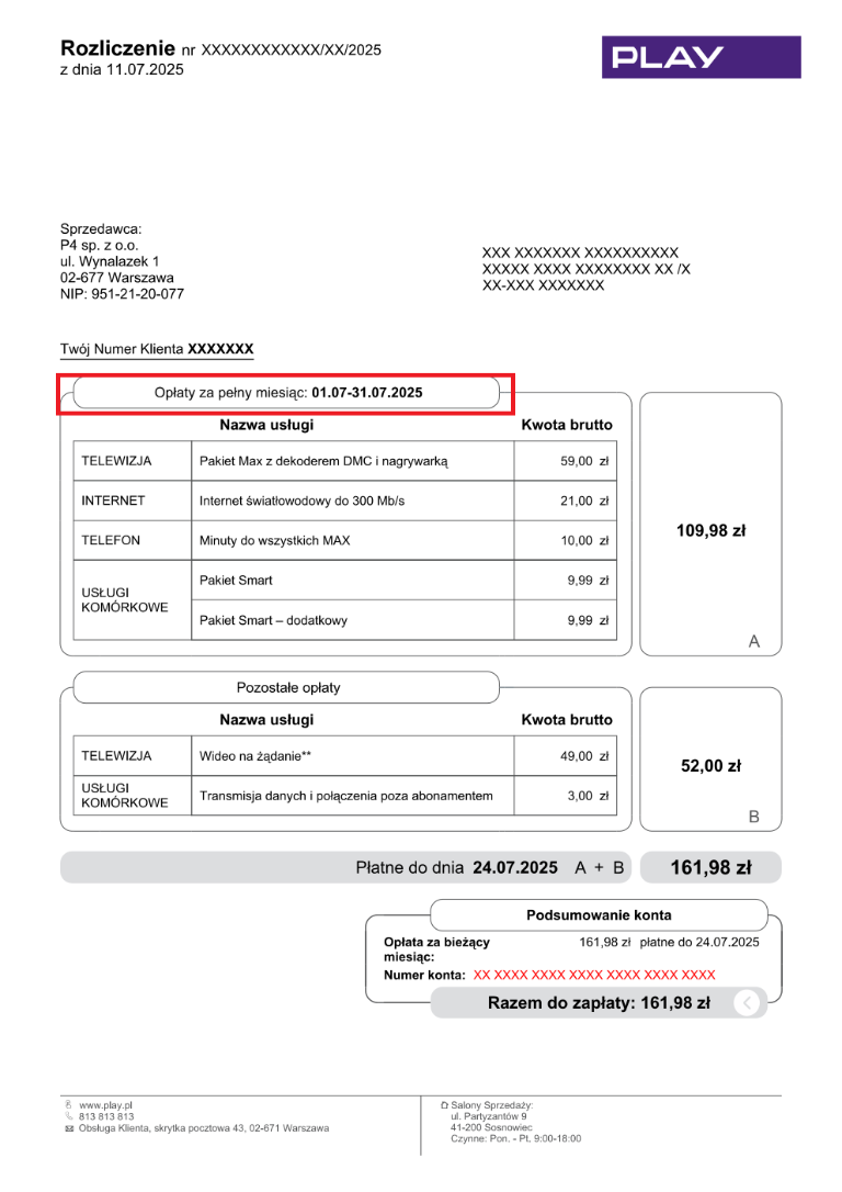Widok rozliczenia z zaznaczonym w centralnej części okresem rozliczeniowym
