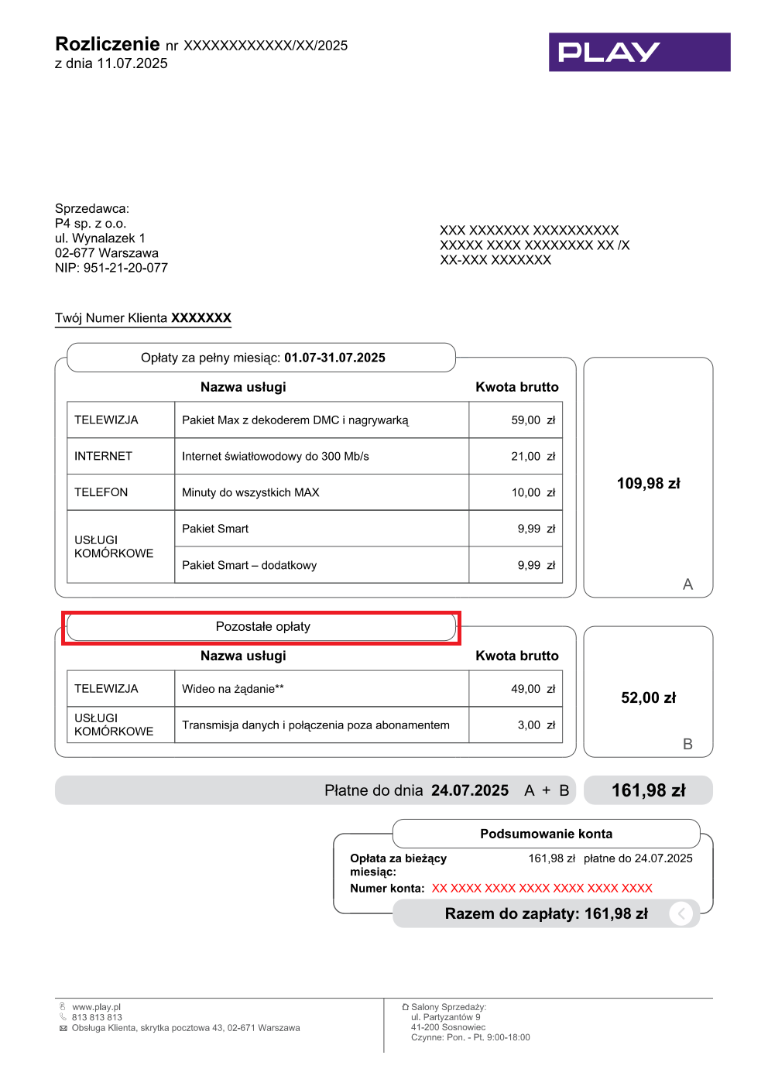 Widok rozliczenia z zaznaczonym w centralnej części polem "Opłaty za inne usługi"