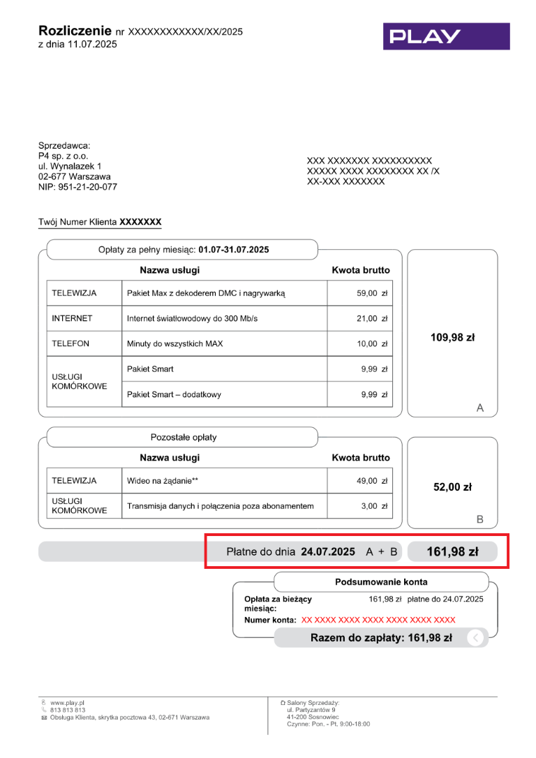 Widok rozliczenia z zaznaczoną kwotą do zapłaty