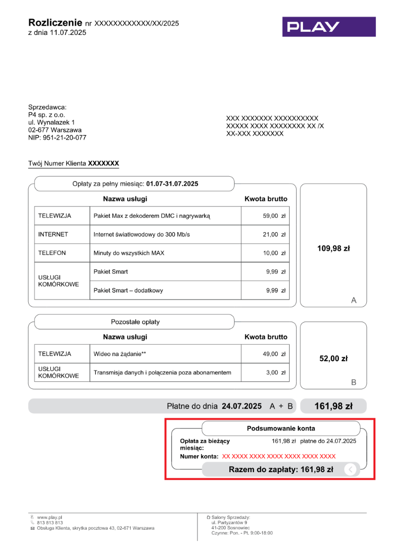 Widok rozliczenia z zaznaczonymi w dolnej części numerem konta bankowego do wpłaty oraz terminem płatności