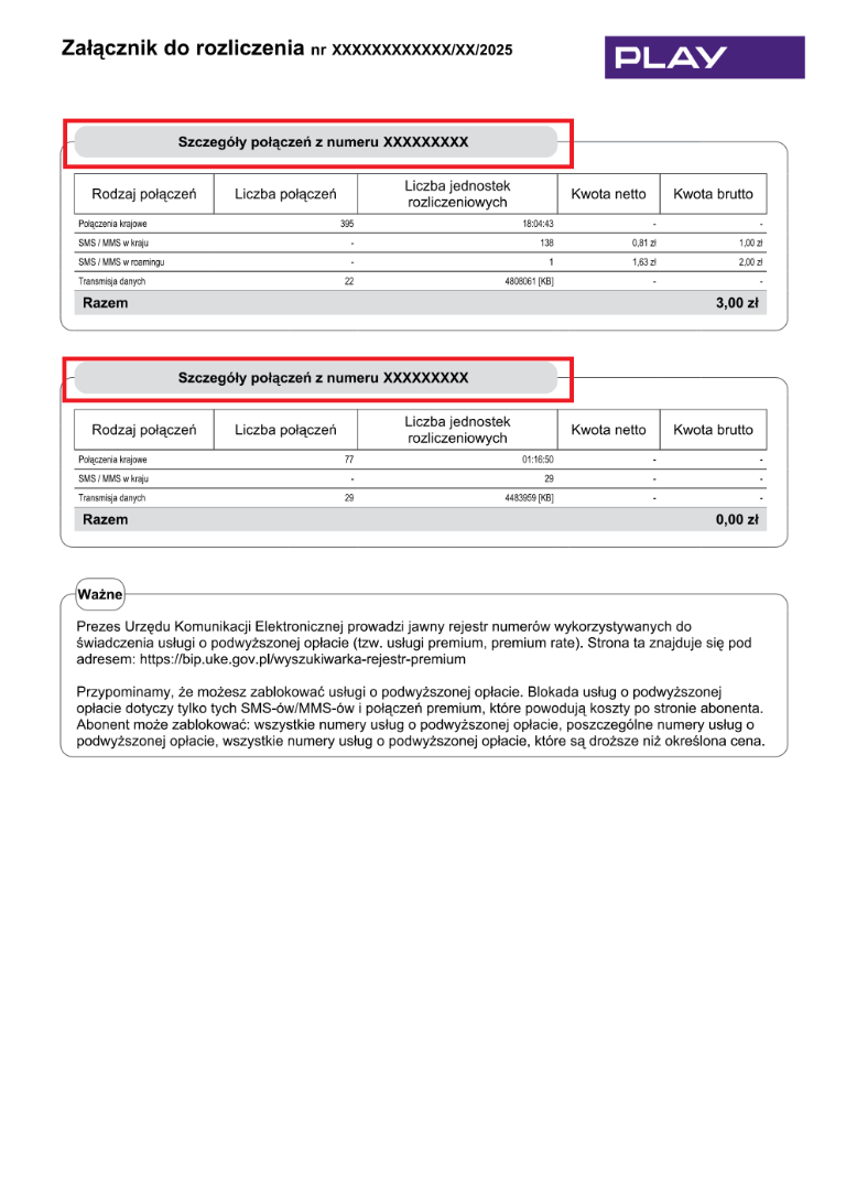 Widok Załącznika do faktury z wyszczególnionymi połączeniami dla poszczególnych numerów usług