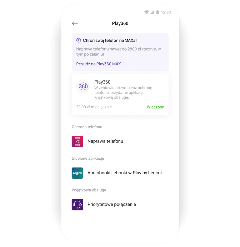 zdjęcie telefonu i aplikacji play24 z ikonami pakietów dostępnych w ramach Play360