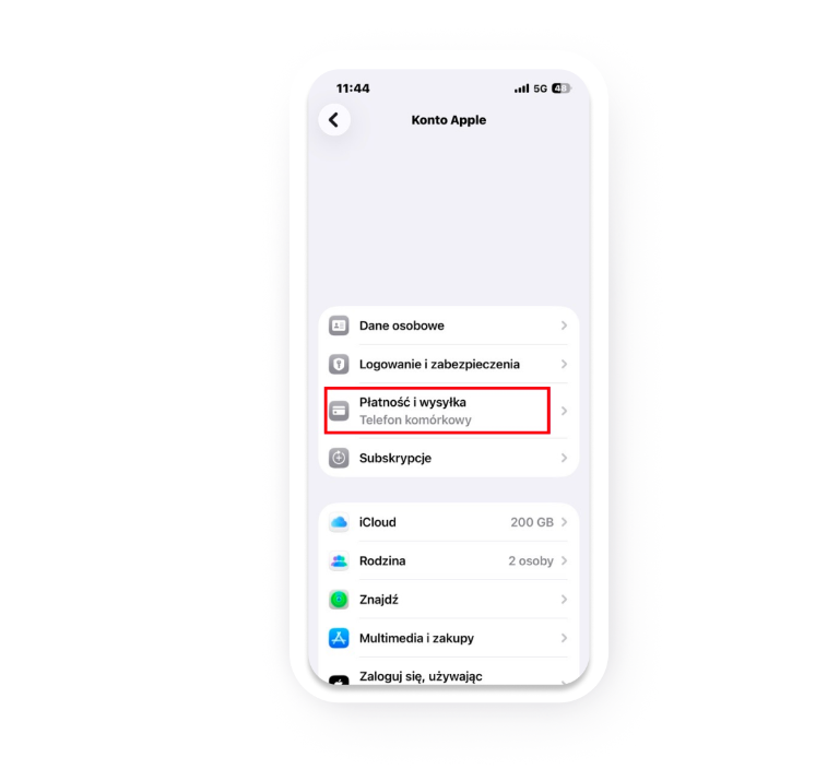 Szczegóły konta Apple z zaznaczoną zakładką „Płatność i wysyłka”