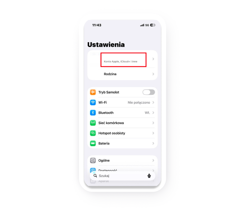 Widok zakładki „Ustawienia” w iPhone z zaznaczonym polem „Konto Apple”