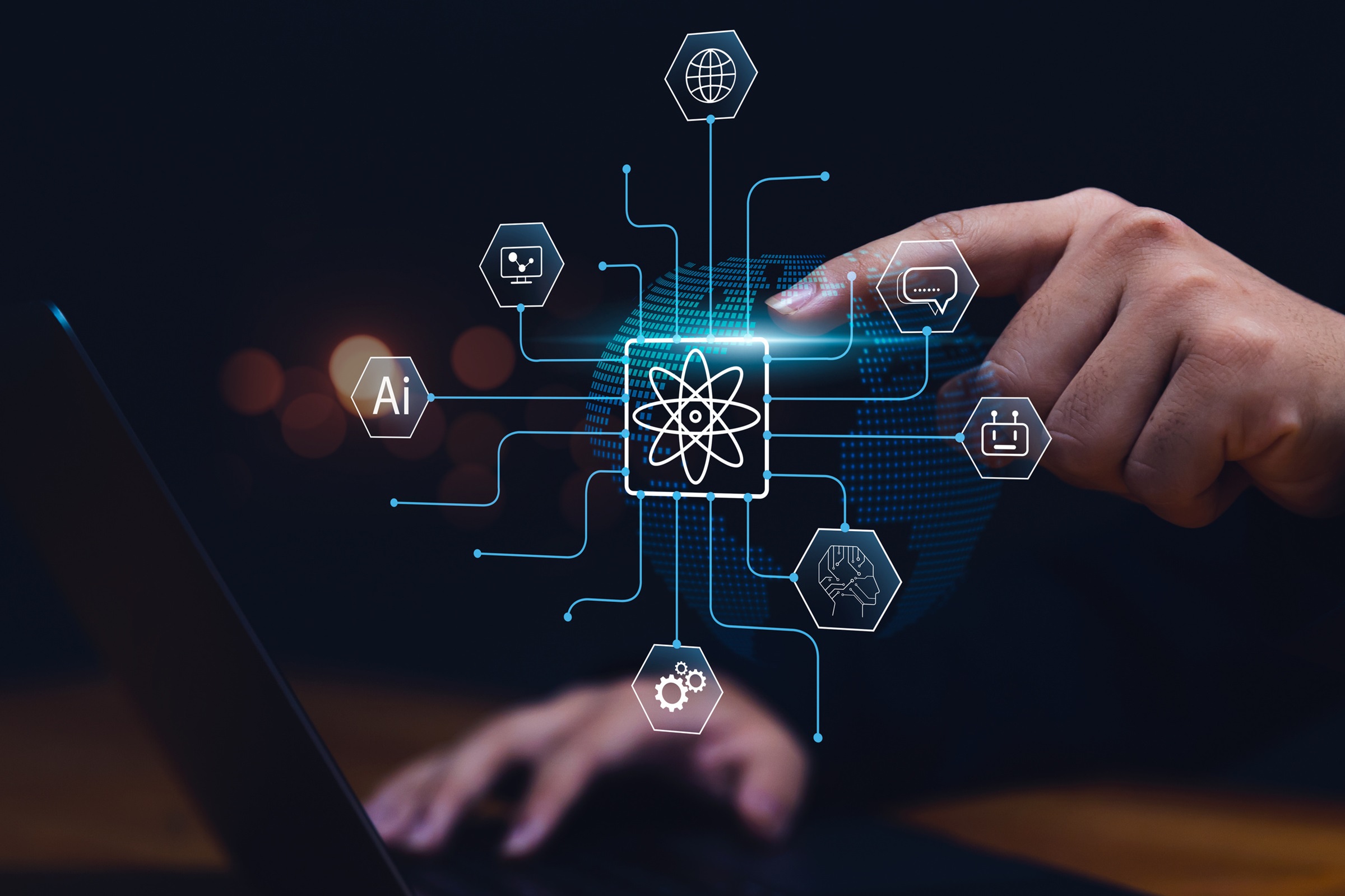 Palce wskazujące na ikonkę świata oraz symbole pokazujące świat, Ai, rozmowy, roboty itp.