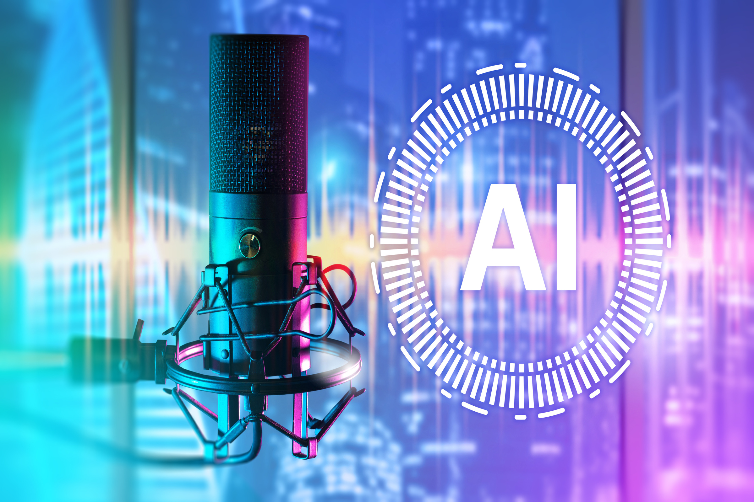 Mikrofon do nagrywania głosu na tle okien, z których widać miasto.