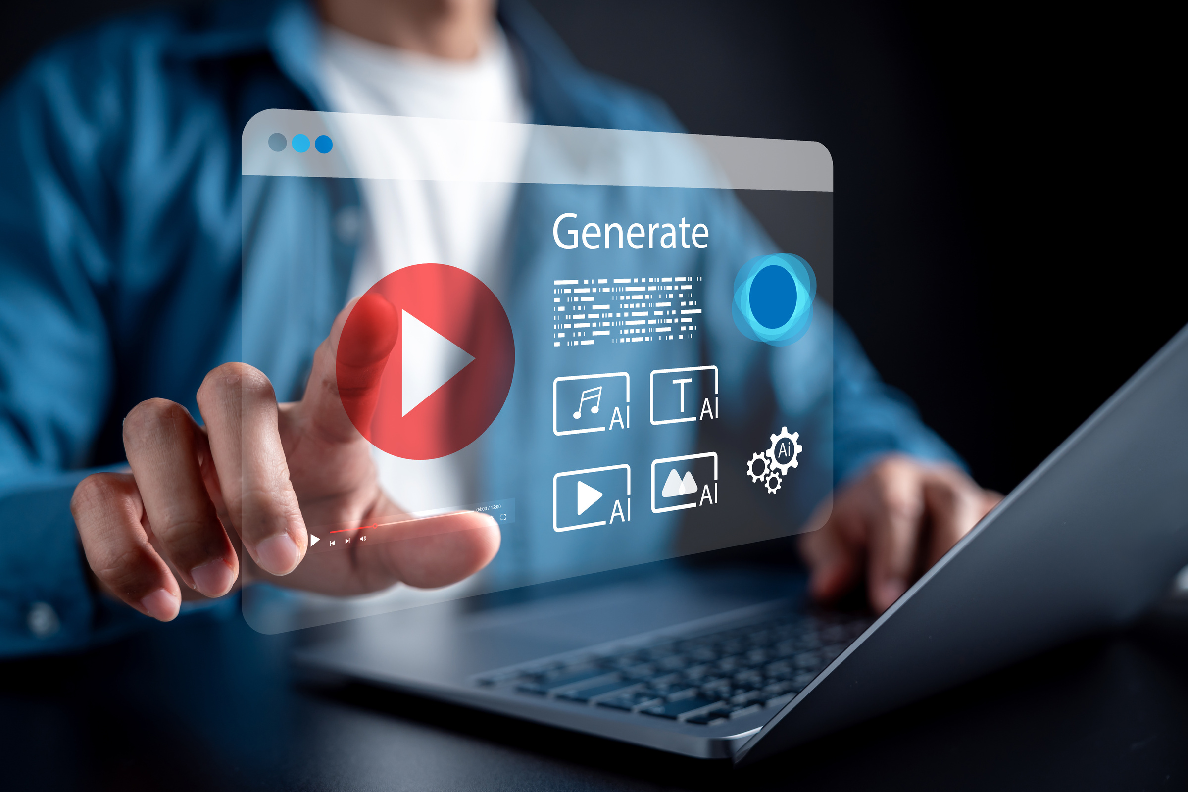 Mężczyzna pracujący przy laptopie, który prawą ręką klika wirtualne okienko do generowania treści za pomocą AI. 