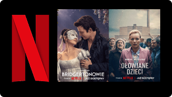 Banner promujący Netflix z tytułami "Bridgertonowie" i "Łup", z logo Netflix