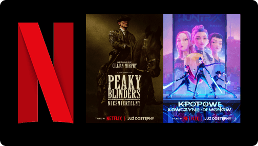 Banner promujący Netflix z tytułami "Bridgertonowie" i "Łup", z logo Netflix