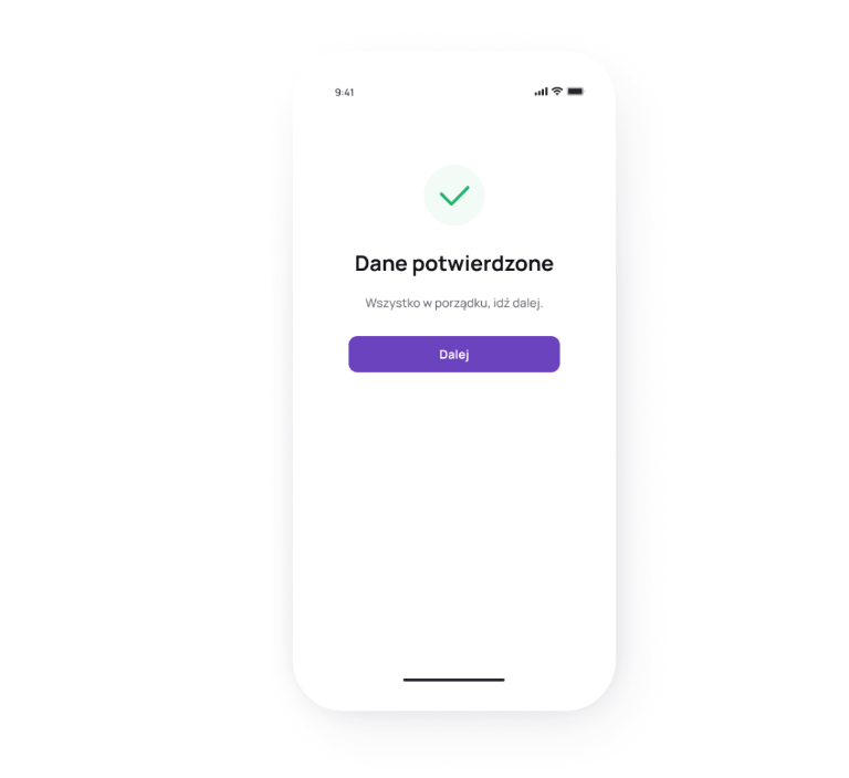 Interfejs aplikacji Play24 z komunikatem „Dane potwierdzone”.