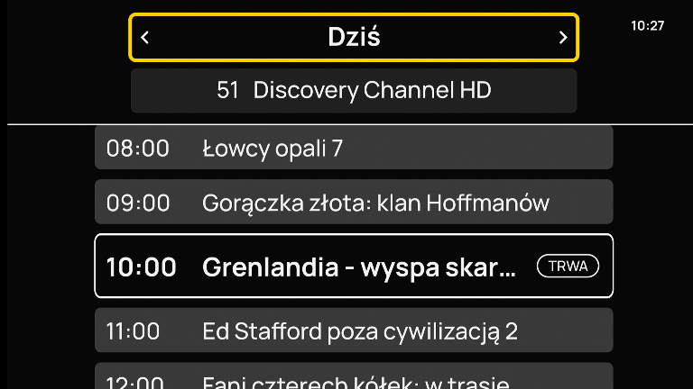 Widok ekranu telewizora z uproszczonym przewodnikiem i zaznaczonym polem do zmiany daty programu.