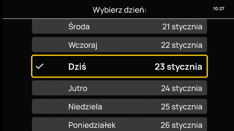 Widok ekranu telewizora z uproszczonym przewodnikiem i zaznaczoną datą programu.
