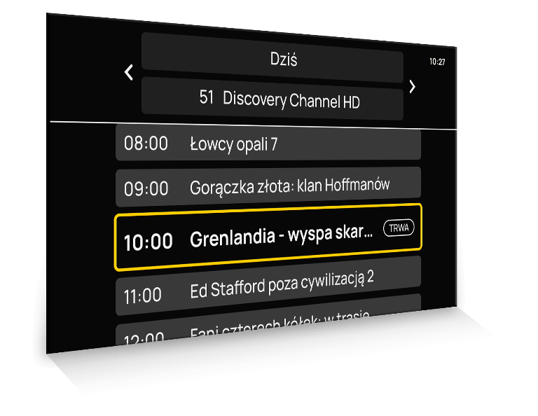 Widok ekranu telewizora z uproszczonym przewodnikiem i zaznaczonym programem TV.
