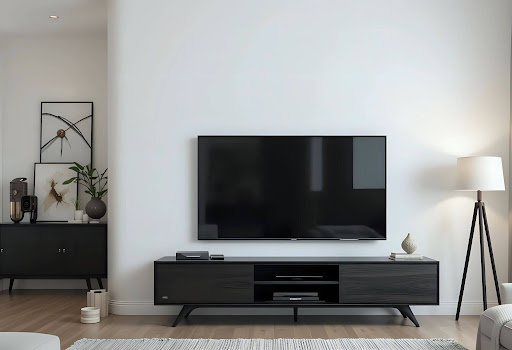Telewizor i dekoder z ukrytymi kablami za szafką RTV.