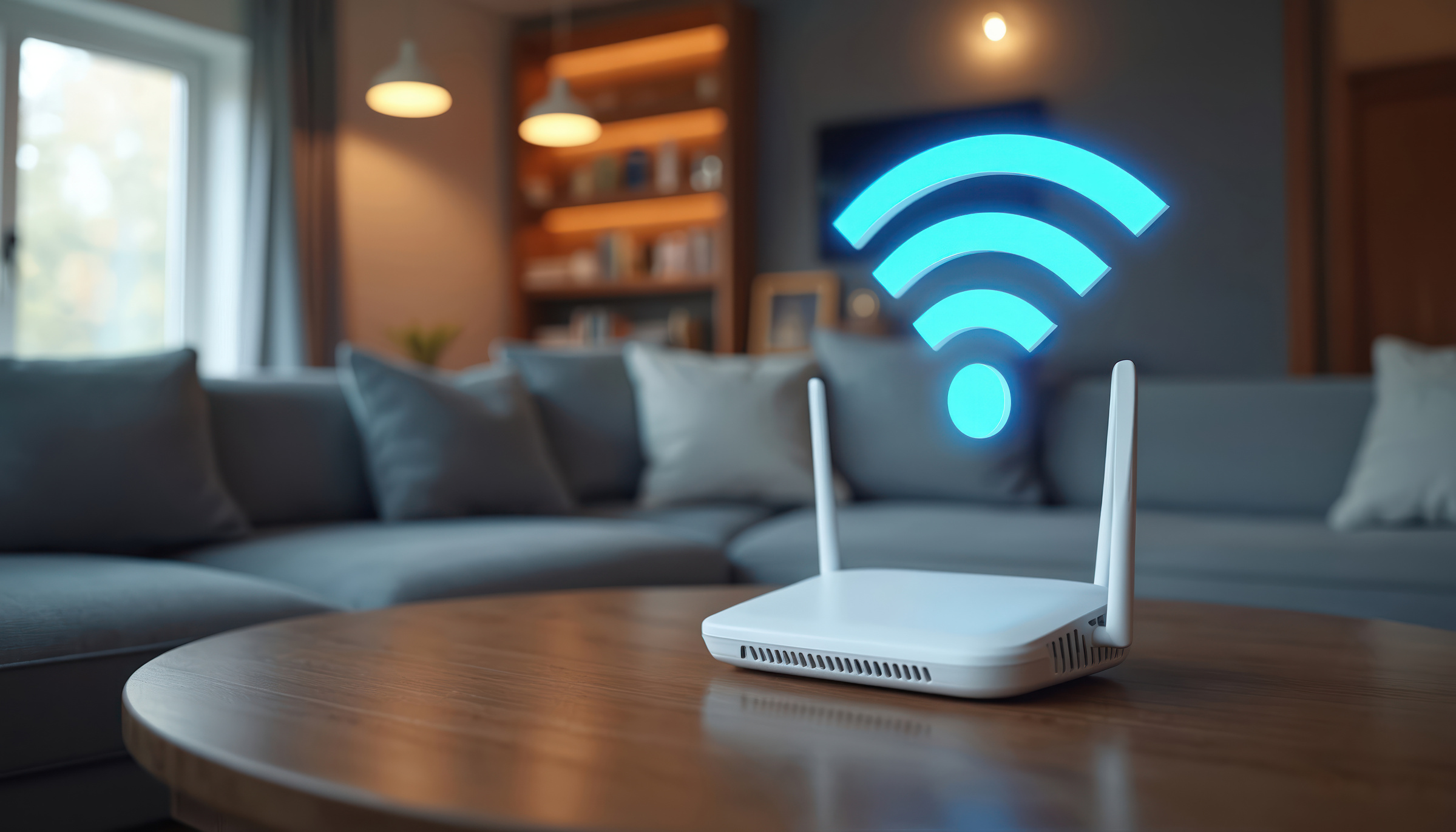 Router do sygnału Wi-Fi stojący na stoliku kawowym w salonie