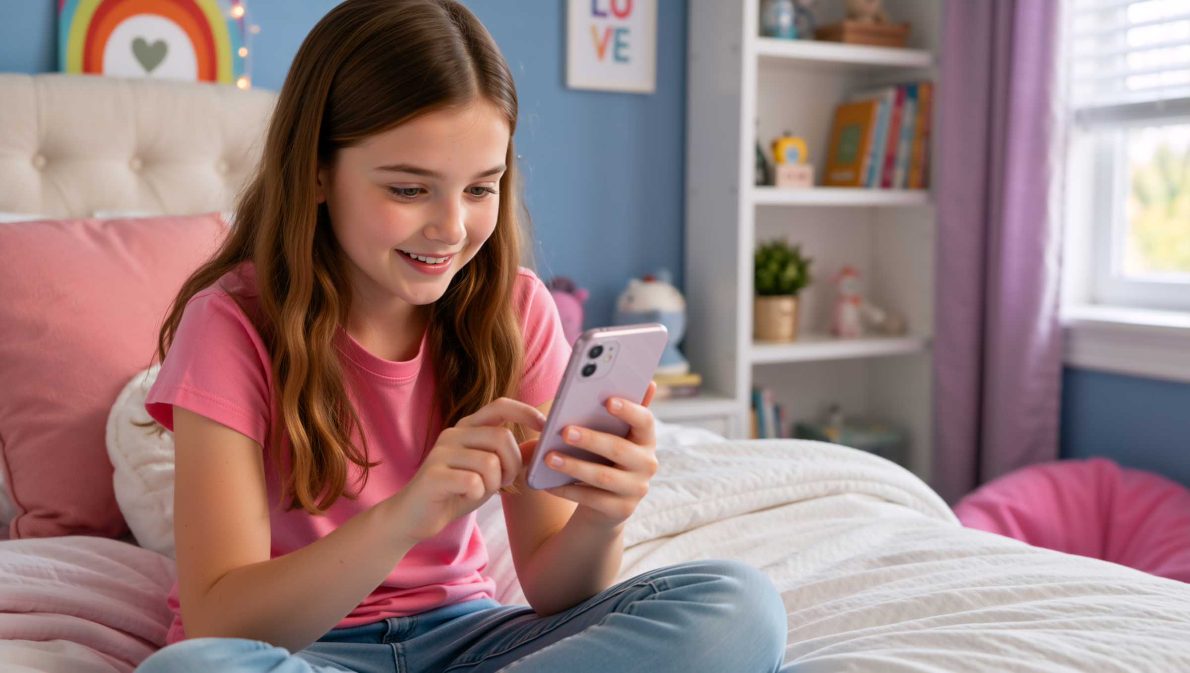Uśmiechnięta dziewczynka korzysta ze smartphone'a w swoim pokoju