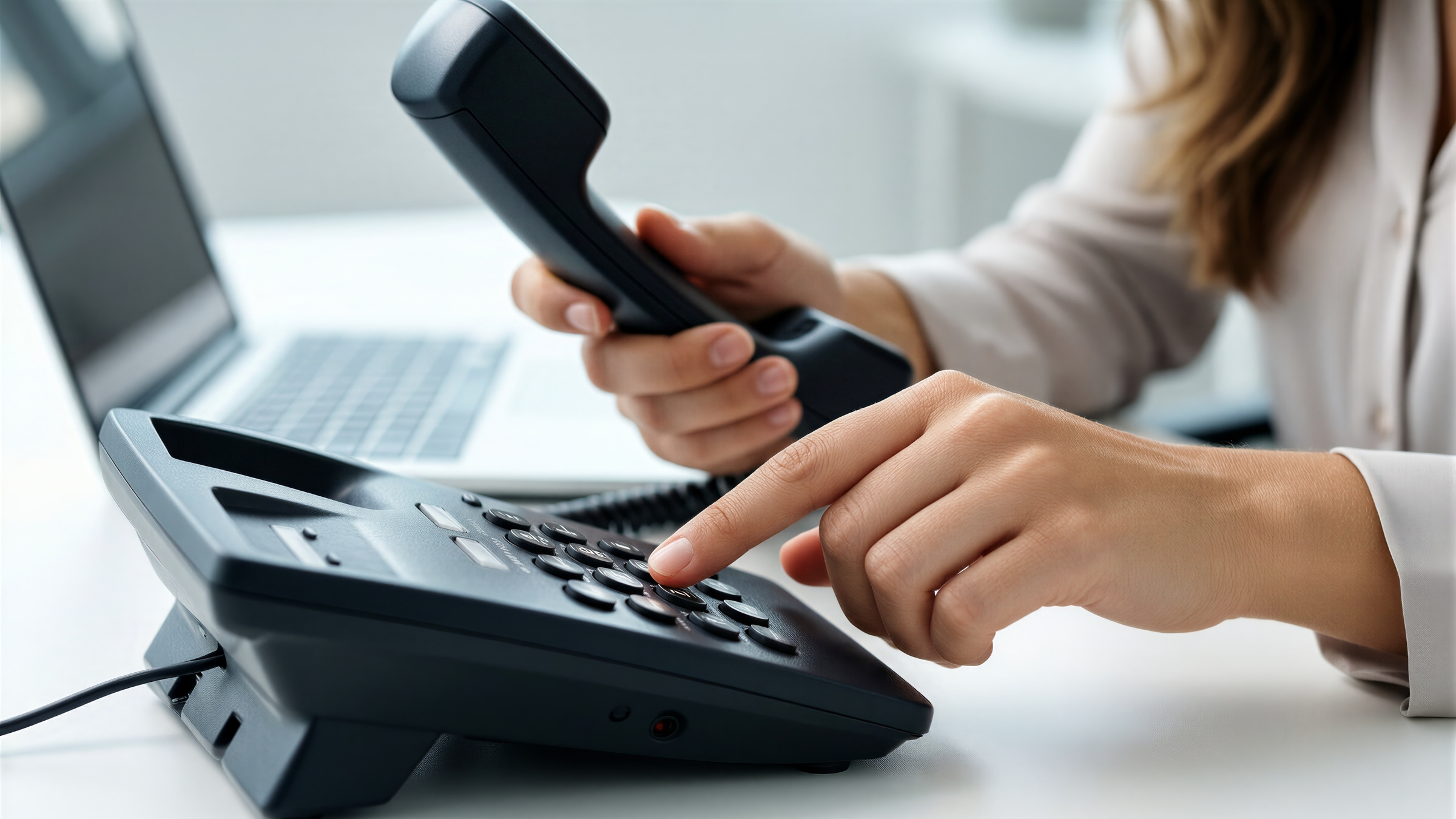 Zbliżenie na kobiecą rękę, która wybiera numer na telefonie stacjonarnym