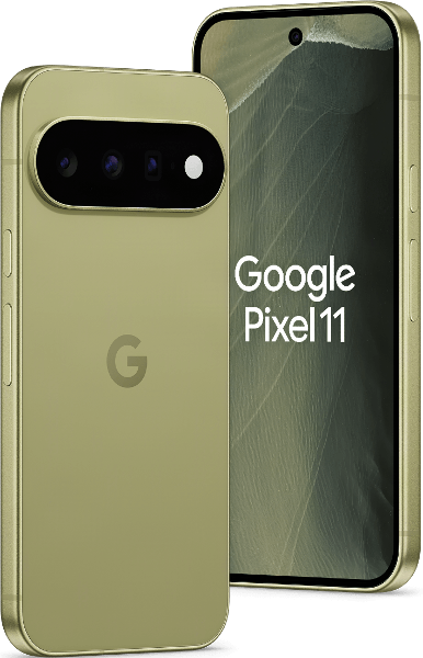 Google Pixel 11 5G 512GB pistacjowy – profil z widoczną wyspą potrójnego aparatu i ekranem startowym