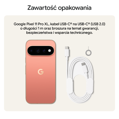 Zawartość pudełka Google Pixel 11 Pro XL 5G – telefon, kabel USB-C o długości 1 m i kluczyk do SIM